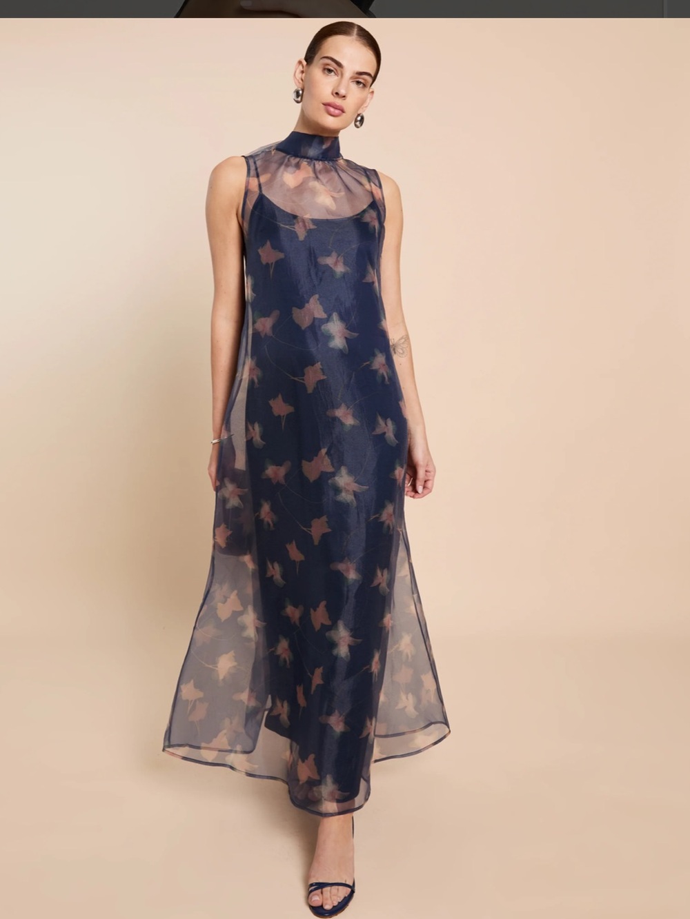NWT CAARA Alette Navy Flutter Ted Baker Factory Organza Maxi Dress Size Small